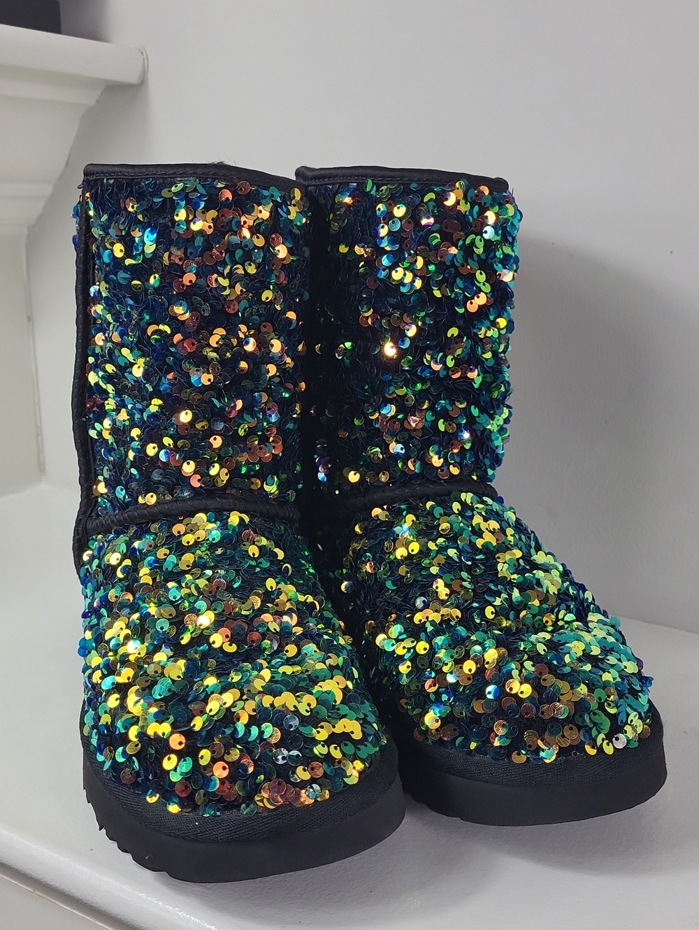 UGG Stellar Sequin Black Classic Mid-Calf Boots with Iridescent Accents. Size 9